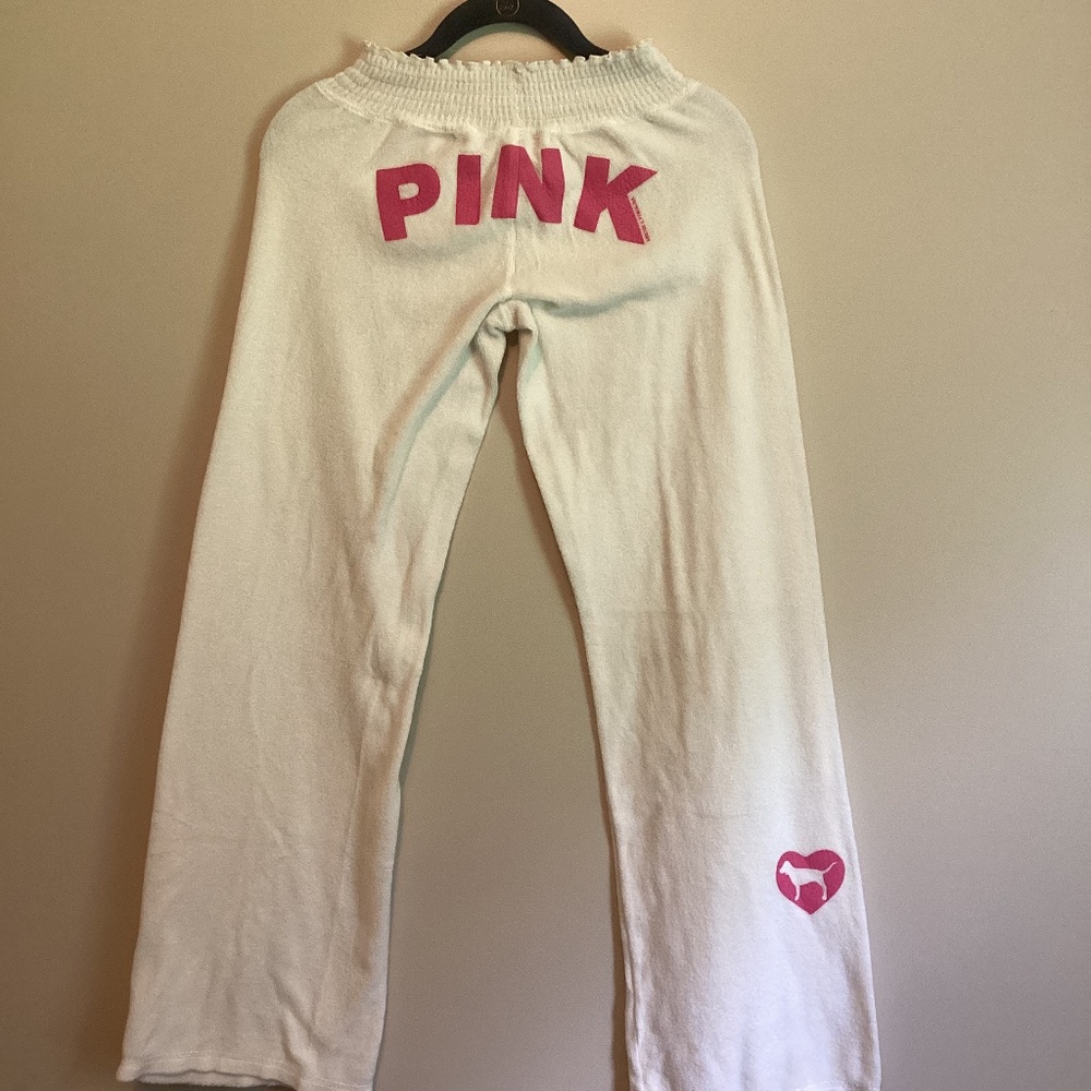 💕 Victoria Secret Pink Terry y2k white pants puppy 🐶 stretchy Sm 15-19”wx31